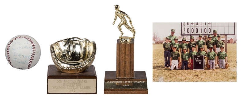 1982 Derek Jeter Little League Collection Including Team Signed Baseball, Team Photo, & Trophy (JSA)